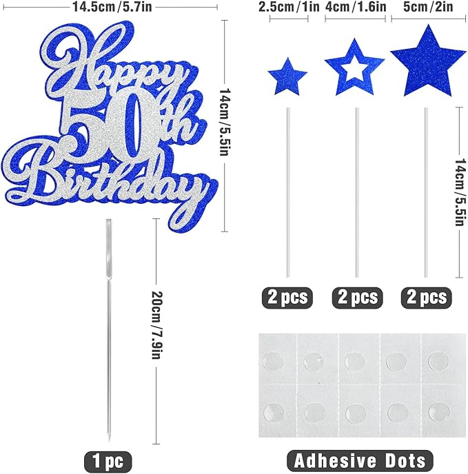 Happy 50th Birthday Cake Topper 50 Birthday Cake Decorations, Happy 50th Birthday Anniversary Party Cake Decorations for Men Women, Blue Silver Glitter