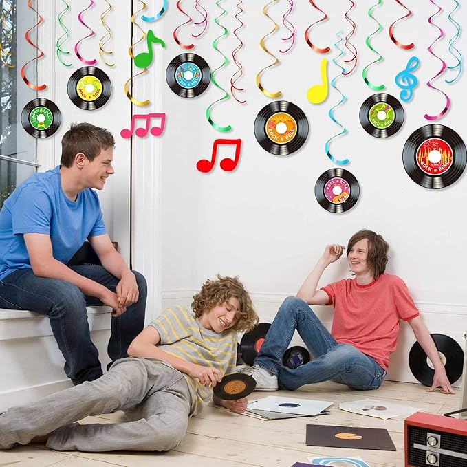 Sumind 30 Pcs 1950's Rock and Roll Music Party Sock Hop Decorations Vinyl Record Note Cutout Wall Decor Sign with Hanging Swirls Ceiling Decor for 50's Theme Rock Music Video DJ Party Supplies 7 Inch