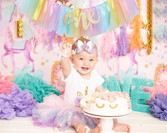Pastel Rainbow High Chair Banner for 1st Birthday - Party Supplies with Tutu Skirt and Pennant
