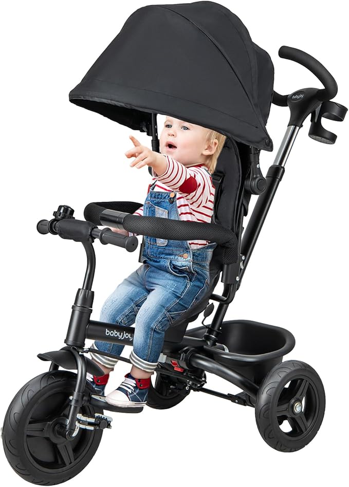 BABY JOY Tricycle, 6 in 1 Trike for Toddler w/Reversible Seat, Adjustable Canopy & Parent Handle, 5-Point Safety Belt, PU Wheels and Storage Basket, Push Tricycle for 9-60 Months (Black)
