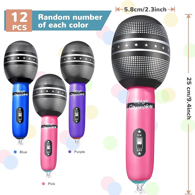 Zhanmai 12 Pieces Inflatable Microphones for Parties 9.4 Inch Blow up Blue Pink Purple Plastic Fake Microphone Props Toys for Kpop Theme Musical Singer Concert Karaoke 80s 90s Party Supplies