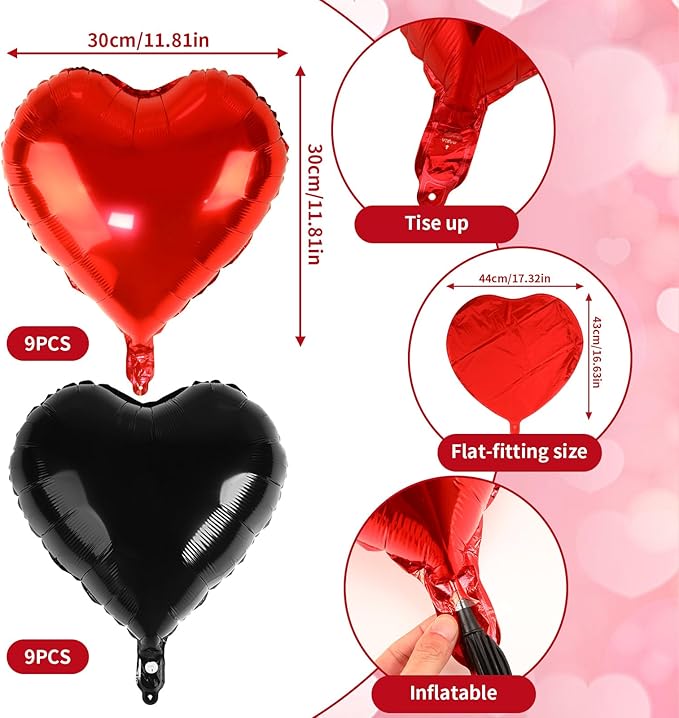 NOVWANG 18pcs Red Black Heart Balloons, 18 Inch Red and Black Heart Shape Foil Balloons Party Decorations for Valentines Birthday Wedding Party Decorations Supplies