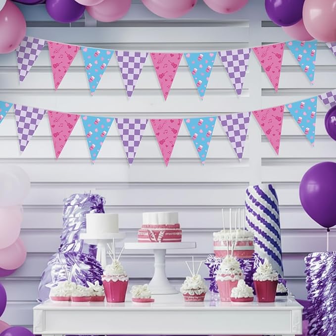 HESTYA 5 Pcs 49 ft Kpop Theme Pink Purple Blue Pennant Banner Pink and Purple Birthday Party Decor Kpop Theme Triangle Flag Bunting Garland for Birthday Supplies