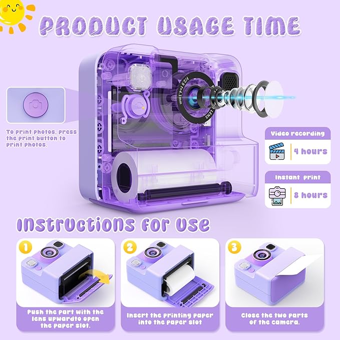 Kids Camera Instant Print Toys for Teenage Girls :Flip-Up Cameras Gift for Girls Ages 3-16 (for Christmas Or Birthday),1080P HD Digital Video Instant Print Cameras with 3 Rolls Paper & 32Gb-Purple