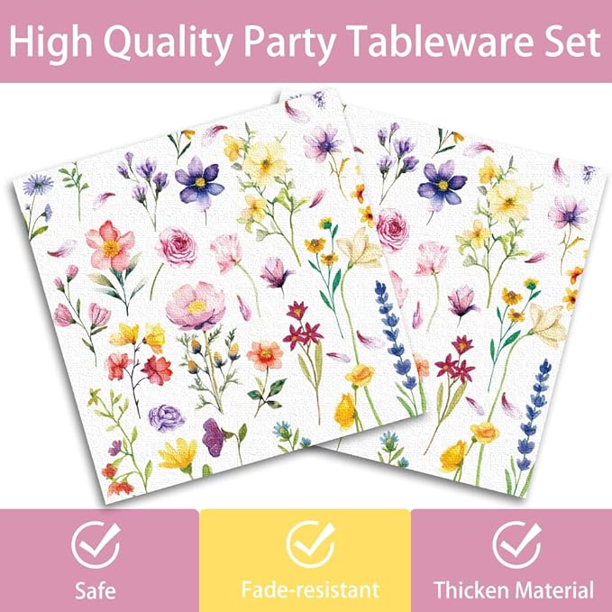 120Pcs Wildflower Plates Napkins Flower Birthday Party Supplies Floral Baby Shower Decorations Watercolor Colorful Cups Forks Spring Paper Disposable Tableware Set for 24 Guests