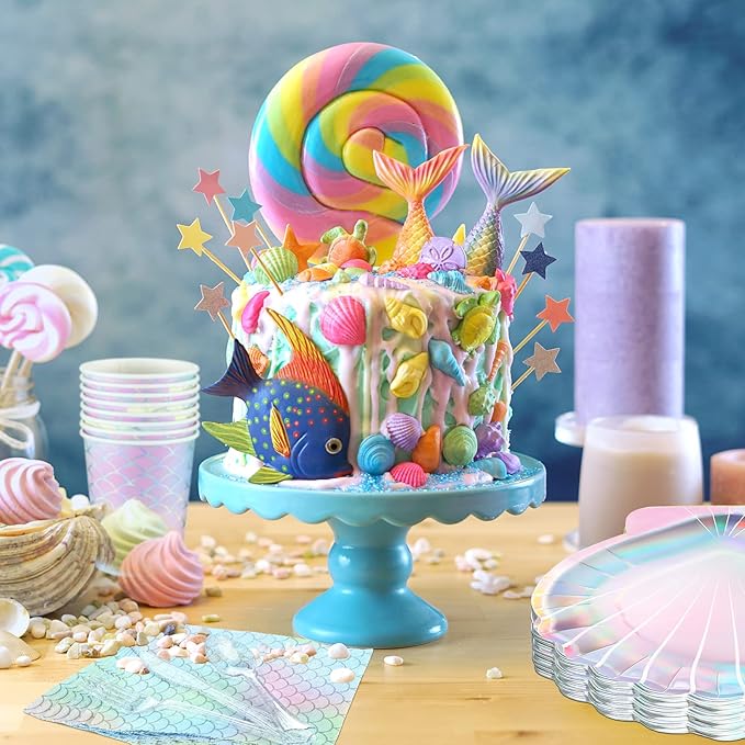 Cunhill 144 Pcs Mermaid Birthday Party Supplies Tableware Includes Mermaids Plates Napkins Cups Spoons Fork Knives for Under The Sea Party Baby Shower Dinnerware Decorations Set