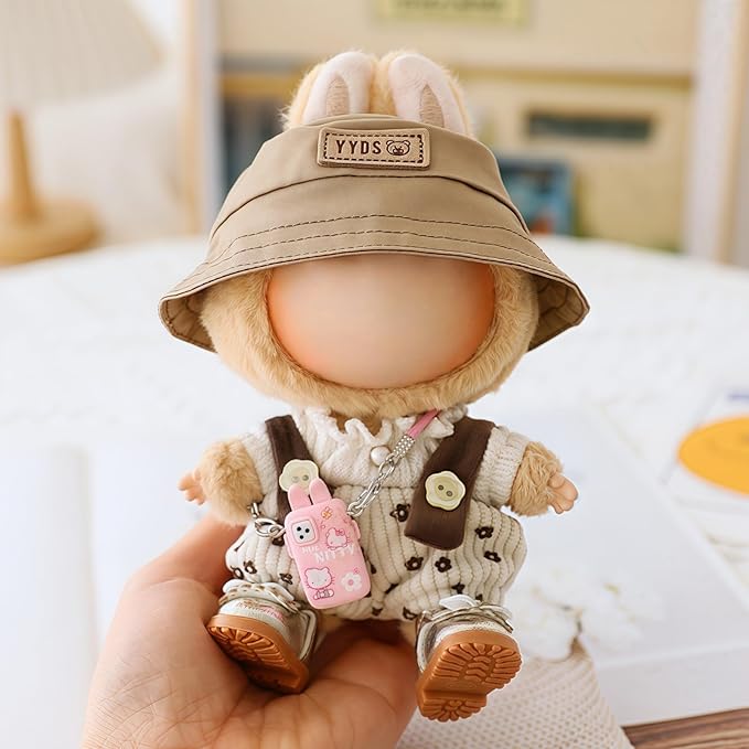 Clothes for Lu bubu 17cm Dolls Accessories(No Doll), Cute Outfit Set 5 Pieces Bib Pants for 17cm Doll Suit, Stylish Dress Up Overalls Doll Clothing Set Replacement with Hat Clothes Shoes Beige