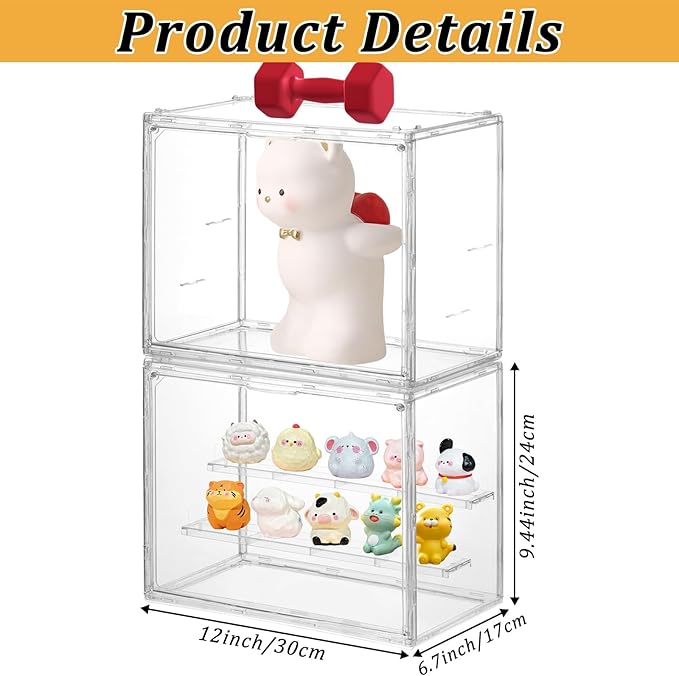Dustproof Acrylic Display Box with Magnetic Door for Action Figures - 3-Tier Shelf for Collectibles, 2 Removable Plates, Tool-Free + Gloves & 100 Super Glue