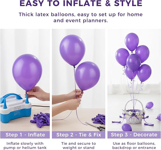 LovesTown 110PCS Purple Latex Balloons 12 Inch Dark Purple Helium Round Balloons with Ribbon for Engagement Birthday Baby Shower Wedding Graduation Birthday Party Backdrop Decorations (Pack of 2)