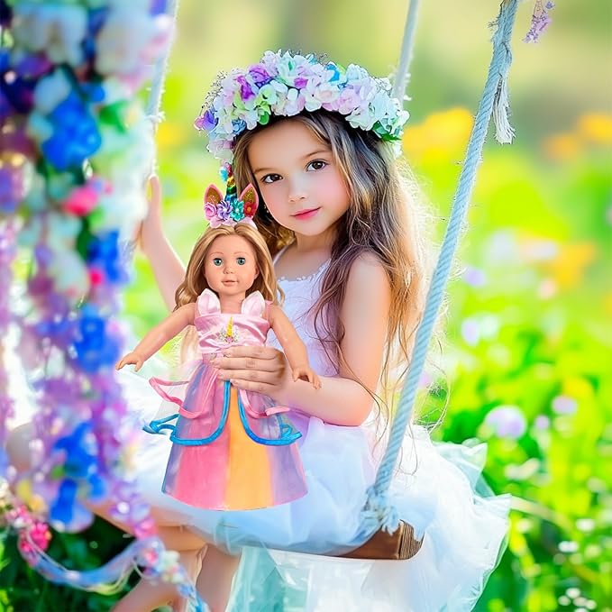 2-Sets 18-inch Doll-Clothes Set - Unicorn Clothes with Hair Clip and Headband - Compatible with All 18 inch Dolls Accessories for Kids -Pink