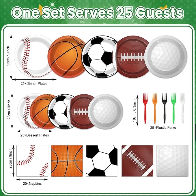 100 Pcs Sports Birthday Party Decorations Sports Themed Plates and Napkins Basketball Football Soccer Baseball Rugby Disposable Dessert Tableware Set for Boy Birthday Party Supplies Favors