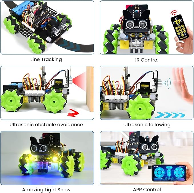 KEYESTUDIO 4WD Smart Car Coding Robot Kit with Microbit V2 for Makecode and Python, DIY Building Robot Kit for STEM Education 15+, IR Remote/APP Control