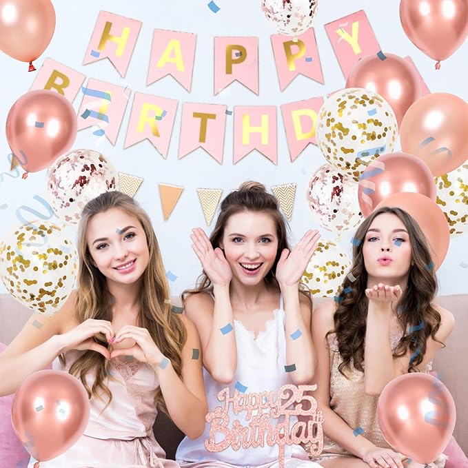 25th Happy Birthday Party Decorations, Rose Gold Birthday Decorations With Number 25 Balloons Gold Confetti Balloons Fringe Curtain Triangle Flag Banner Cake Topper For Girl Women Party Supplies