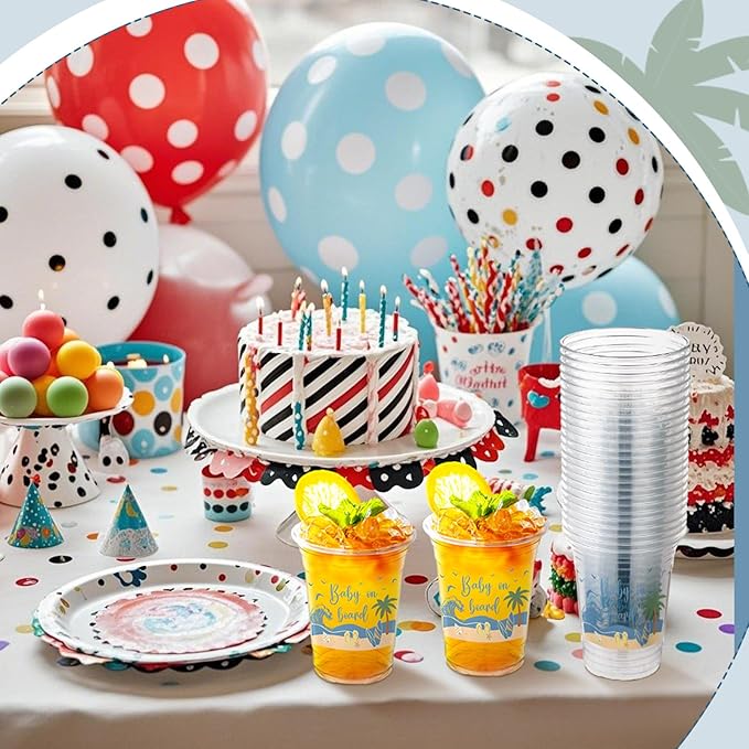Qinyoung 50 Pcs 16 oz Surfboard Cups for Baby on Board Theme Baby Shower Decorations Summer Beach Party Supplies Plastic Disposable Drinking Cups Summer Birthday Party Supplies