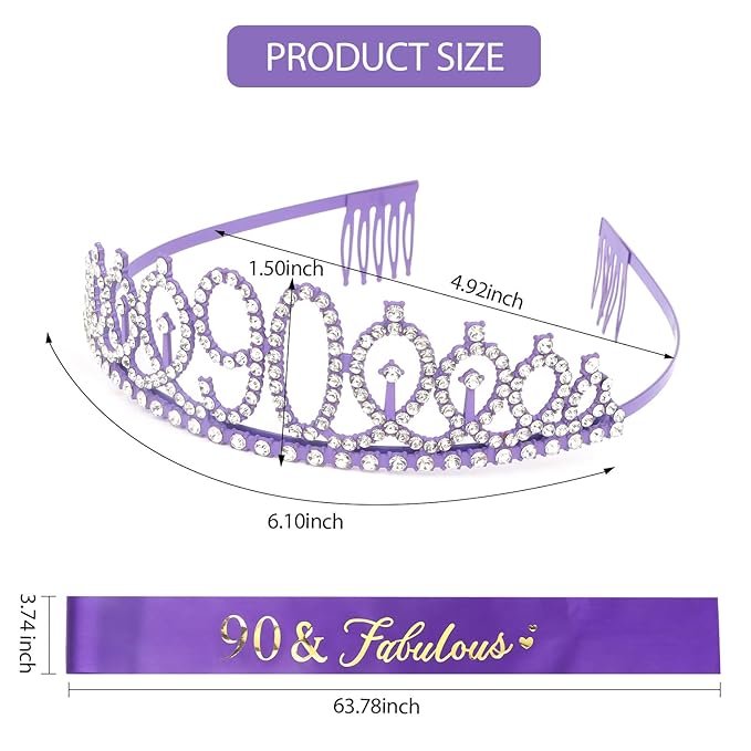 CIEHER Purple 90th Birthday Crown & Sash Set, '90 & Fabulous' Decorations for Women, One Size, Purple
