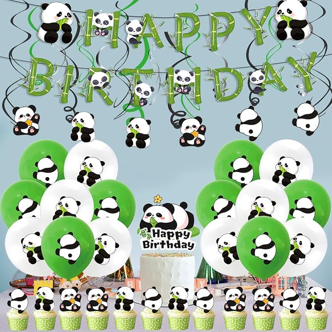 65pcs Cute Panda Birthday Party Supplies Set Panda Birthday Banner Hanging Spiral, Cake Toppers,Balloons Tablecloth Baby Shower Panda Party Decorations