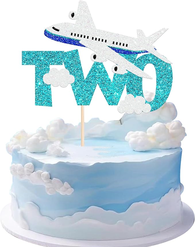 1 Pack Two Airplane Cake Topper Glitter Airplane Sign Oh How Time Files Cake Pick Second Birthday Cake Decorations for Plane Theme 2nd Year Old baby shower Birthday Party Supplies Blue White