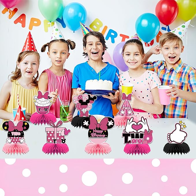 Mouse Table Honeycomb Centerpieces,Pink Cartoon Mouse Themed Table Topper Decor Two Year Old Birthday Party Supplies(8 Pcs)