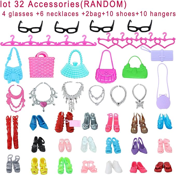 BJDBUS 42 pcs Doll Clothes and Accessories Including 10 pcs Fashion Mini Dresses 32 pcs Shoes, Glasses, Necklaces, Handbag, Hangers Accessories for 11.5 Inch Girl Doll