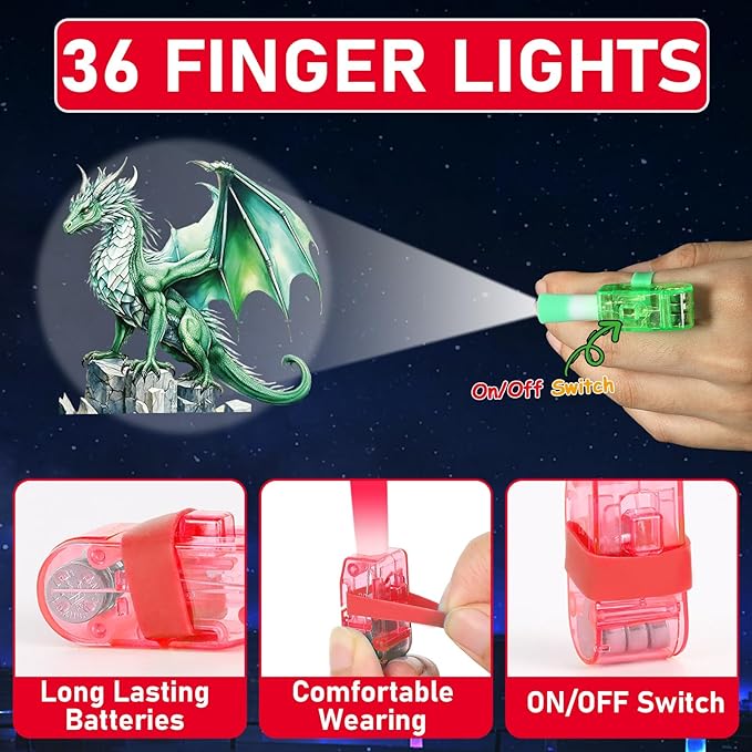 36 PCS Dragon LED Finger Lights Medieval Party Favors Glow in the Dark Light Up Finger Lights Magic Themed Toys Bulk for Birthday Party Goodie Bag Stuffer Birthday Gifts Classroom Prize