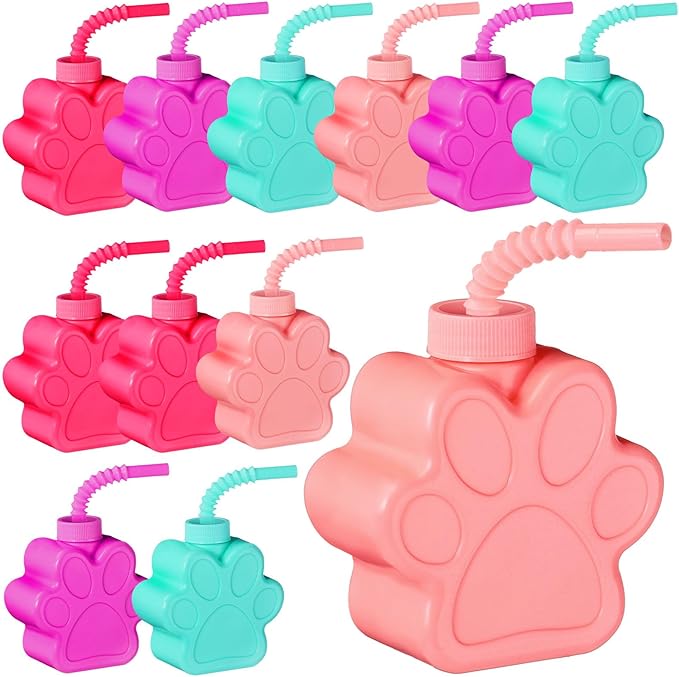 Sratte 12 Pieces 10 oz Dog Paw Cups for with Straw and Lid Dog Theme Birthday party Plastic Puppy Paw Print Drinking Cups for Pet Theme Party Supplies Decorations