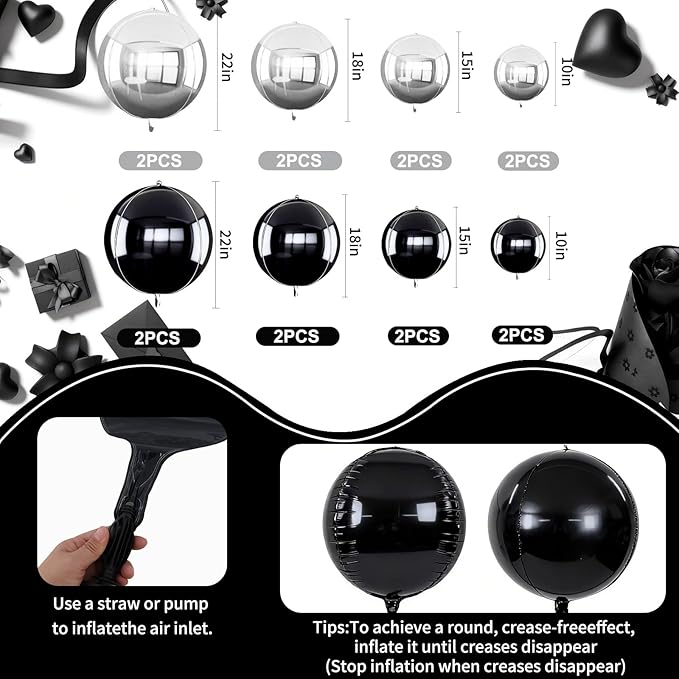 TONIFUL 16Pcs Large Black Silver 4D Giant Round Foil Balloon 4D Mirror Metallic Mylar Sephere Balloons for Christmas New Year Birthday Party Graduation Wedding Baby Shower Decoration Supp(Mix Sizes)