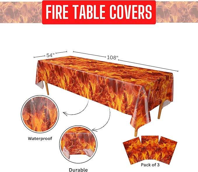 Blue Orchards Fire Table Covers (Pack of 3) - 54"x108" XL - Party Supplies, Table, Dragon Birthday Party, Fire Backdrop, Firefighter Birthday Supplies, Flame Decorations, Flame Table Cover