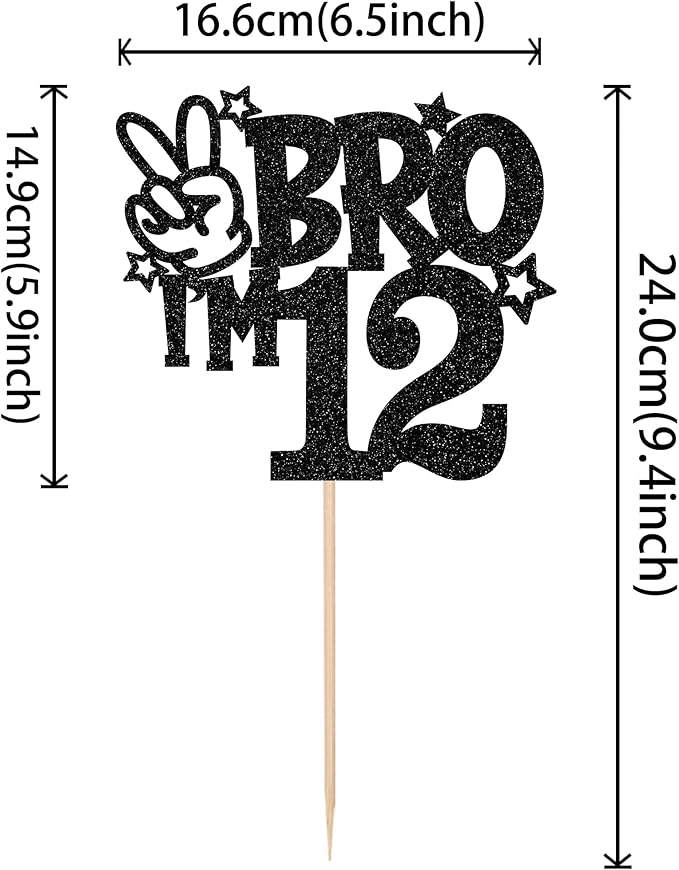 1 PCS Brother I'm 12 Cake Topper Glitter Star Happy 12th Birthday Cake Pick Bro I'm 12 Cake Decoration It's My 12th Birthday Decorations for Boys Cheers to 12 Years Old Birthday Party Supplies Black