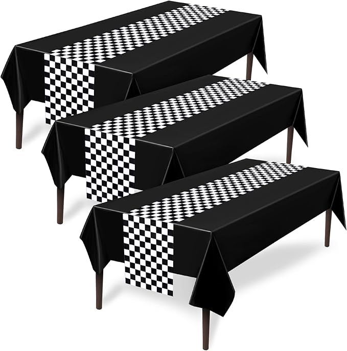 Tallew 6 Pcs Checkered Car Party Supplies Disposable Tablecloth Plastic Table Cover Black and White Checkered Race Table Runner for Racing Birthday Party Decor Favor Supplies (Black)