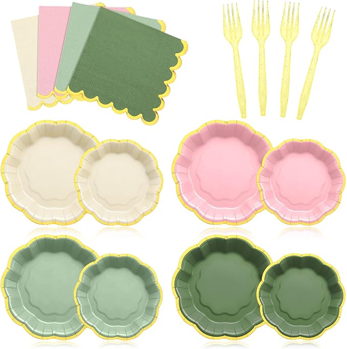 96 Pcs Pink Sage Green Gold Plates Party Supplies Severs, Guests Disposable Party Decorations, 7'' and 9'' Scalloped Paper Plates, Cocktail Napkins Plastic Forks for Birthday Wedding