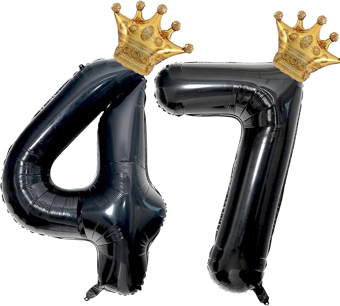 40 inch Large Black 47 Balloon Number with Gold Crown Balloons 47th Birthday Big Foil Mylar Helium Balloon for Women Man 47th Birthday Anniversary Decorations Supplies Favors(Number 47 Balloons）