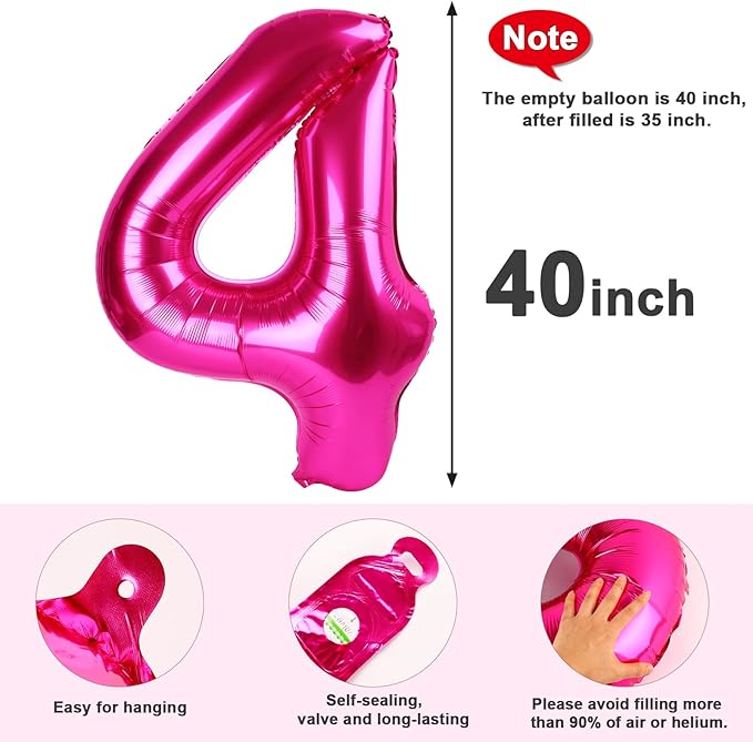 40 Inch Large Numbers Balloon, 4 Hot Pink Ballon for 4th 14 40 44 Birthday Party, Balloon 4 Number for Graduations Wedding Supplies