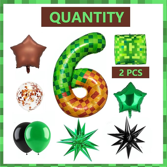 Green Pixel Miner Number 6 Foil Balloon Set 40 Inch Large Mylar Mining Theme Brown 6th Number Balloons Pixel Cubes Boxes Video Game Birthday Party Decorations 10Pcs