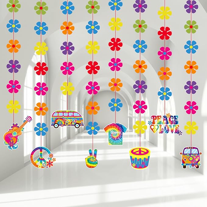 Duraaamo 8 Pcs 60's Hippie Paper Garland Kit Decoration Groovy Retro Flower Ceiling Hanging Banner Tie Dye Hanging Cutouts Groovy Hippie Party Supplies for 60s 70s Birthday Baby Shower Party Decor
