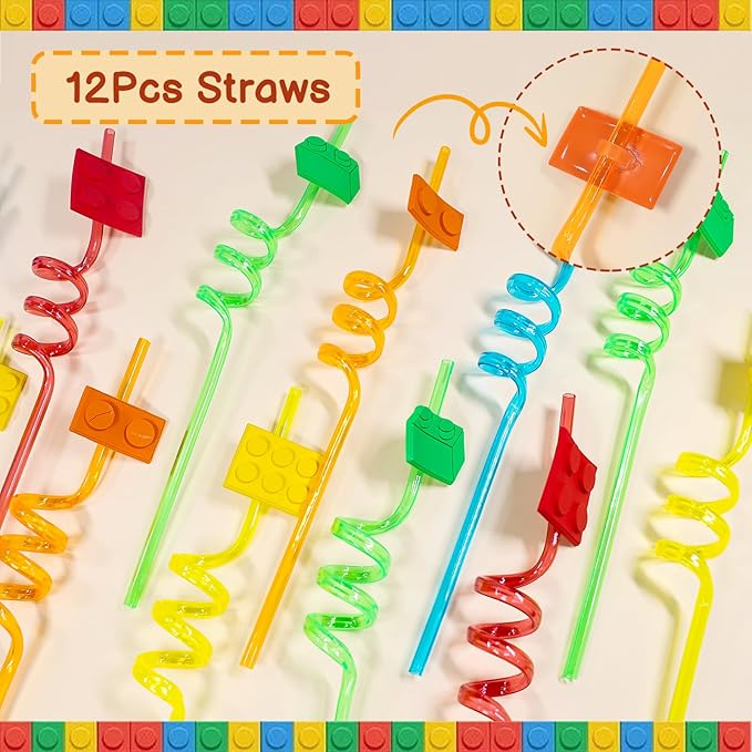 Bluegogo 104Pcs Building Block Birthday Party Favors for Kids Include Mini Notebook Pens Straws Keychains Erasers Wristbands Stickers Bags for Building Blocks Birthday Party Supplies