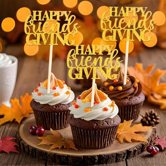 Happy Friendsgiving Cupcake Toppers, 24 PCS Glitter Happy Thanksgiving Cupcake Picks, Gold Give Thanks Cake Decorations Food Picks for Happy Thanksgiving Day Themed Birthday Party Decoration Supplies