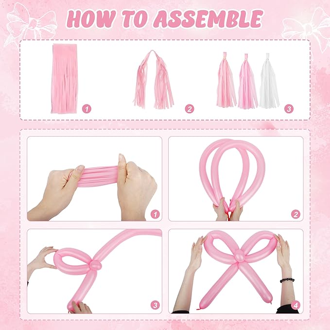 Ouddy Life Pink Bow Birthday Decorations, Coquette Themed Party Supplies with Light Pearl Pink White Confetti Long Balloons Happy Birthday Banner Paper Tassel Cake Toppers for Women Girls Baby Shower