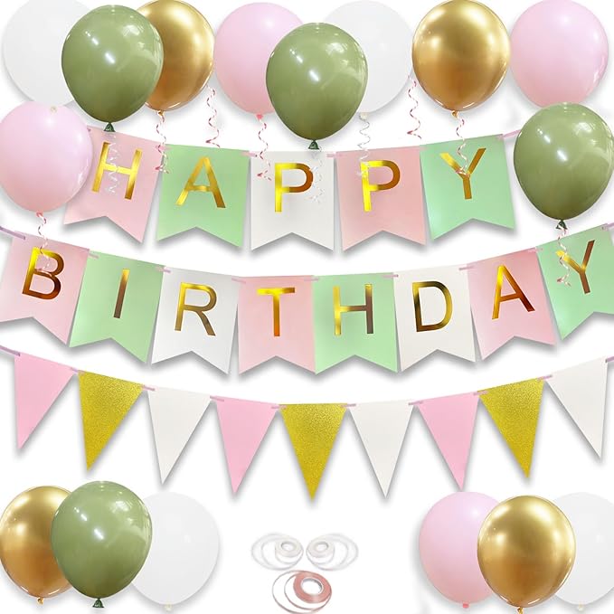 Happy Birthday Banner, Happy Birthday Decorations for Girls, 16 Pcs 12in Balloons with Banner Bunting and 3 Ribbons for Men Women Girls and Boys Birthday Party Decorations(Green Pink)