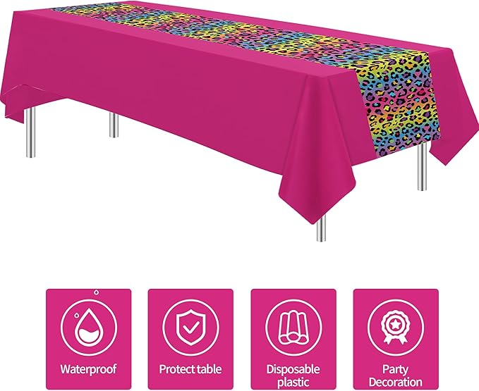 Leopard Party Decorations Tablecloth, 3Pcs Disposable Hot Pink Iridescent Rainbow Cheetah Print Party Supplies Table Cover Printed Table Runner for Birthday Bridal Shower Wedding, 55in x 86in