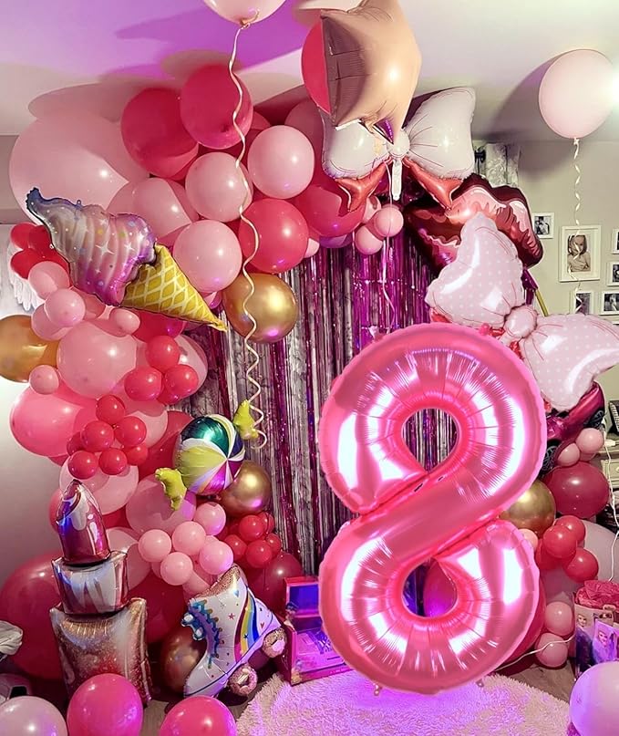 40 Inch Pink Number 8 Balloon with Mini Bow Balloon for Girls 8th Birthday Decorations, Pink Girl Princess Western Cowgirl Theme Birthday Party Balloons Decorations Supplies Favors