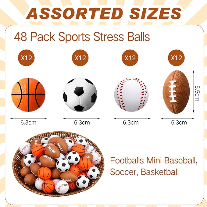 Blulu 48 Pack Small Sports Stress Balls for Kids Mini Footballs Baseball Soccer Basketball Sports Party Favor Gifts Small Foam Squeeze Anxious Toy for Classroom Reward Sport Party Supplies(2.5 Inch)