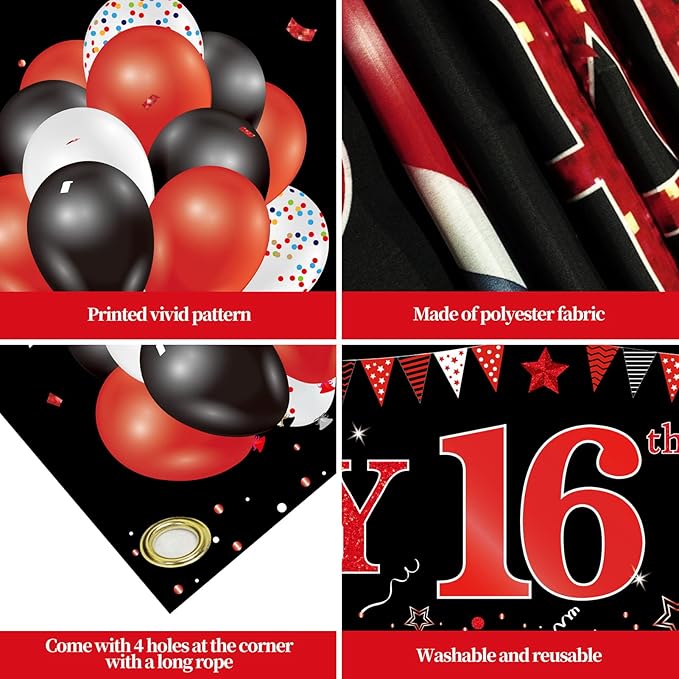 Red Black 16th Birthday Banner Decorations for Boys Girls, Black and Red Happy 16 Birthday Yard Banner Sign Party Supplies, Large Sixteen Year Old Birthday for Outdoor Indoor (9.8x1.6ft)