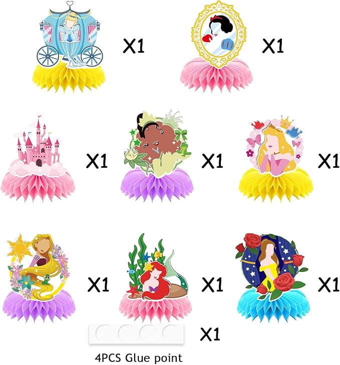 8Pcs Girl Princess Birthday Party Supplies, Princess Girl Honeycomb Centerpieces Seven Girls Theme 3D Table Decorations