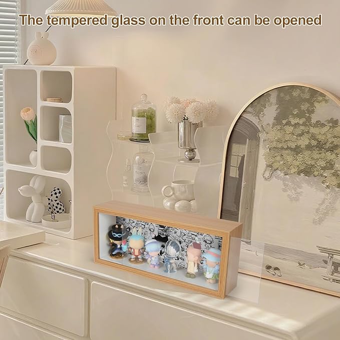 Display Case for Figures, Wooden Dustproof Showcase with Changeable Background Panels, Desktop Collector Box for Mini Dolls, Blind Box Toys, Anime Figures & Collectibles