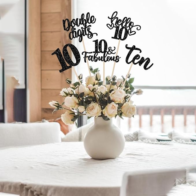 15PCS Happy 10th Birthday Centerpiece Sticks Ten Hello 10 Cheers to 10 Birthday Table Flower Centerpieces Sticks Double Digits 10 Fabulous Floral Decoration for 10th Birthday Party Centerpieces Black