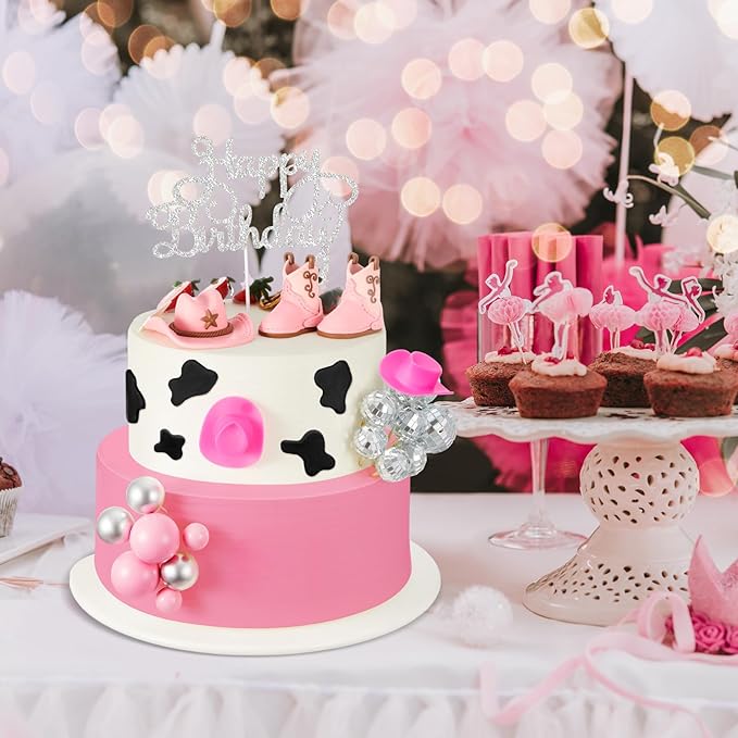 26 Pcs Cowgirl Cake Decorations Cowgirl Cake Topper Disco Decorations Hat Topper Western Cowboy Birthday Baby Shower for Western Theme Party Supplies(Pink,Cute)