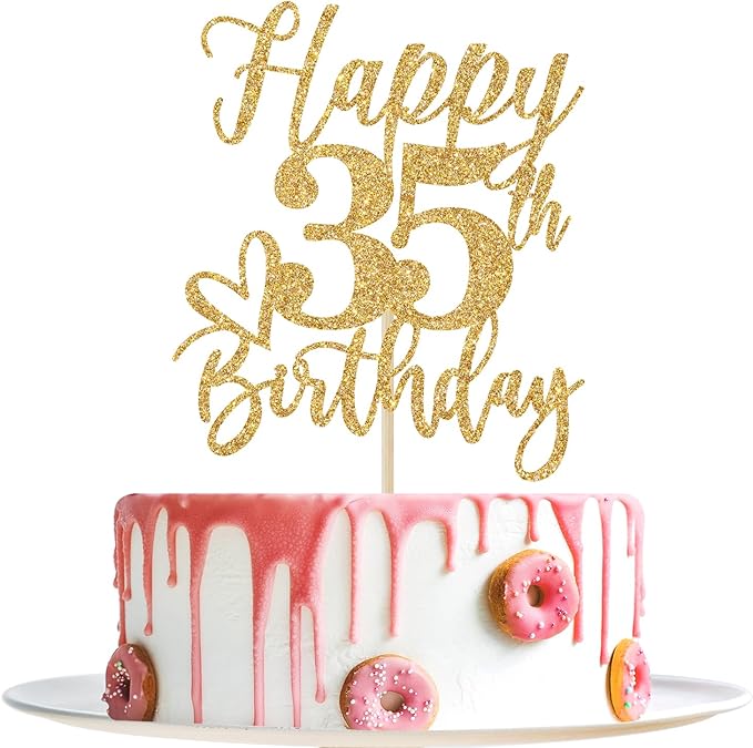 Happy 35th Birthday Cake Topper, 35th Birthday Decorations, Cheers to 35 Years, Hello 35, 35th Happy Birthday Party Supplies Gold Glitter