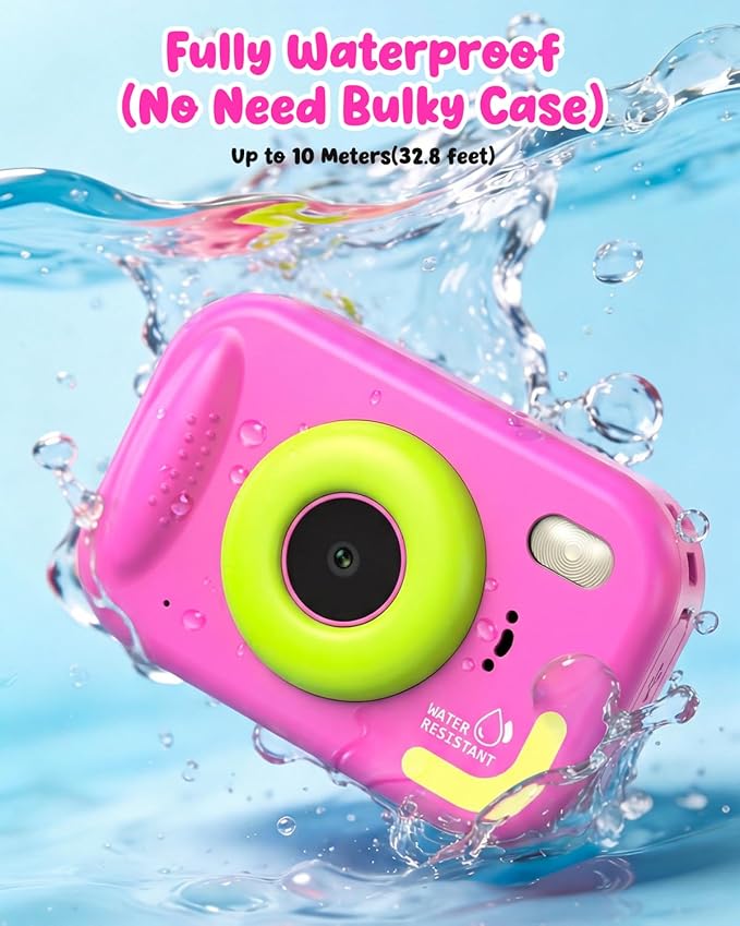 Waterproof Kids Camera, Underwater Camera for Kids 1080P Digital Video Camcorder with 2.4” Display, 32GB TF Card, Emergency LED Flash, Diving Swimming Beach Pool Toys for 3-12 Years Old Girls, Pink