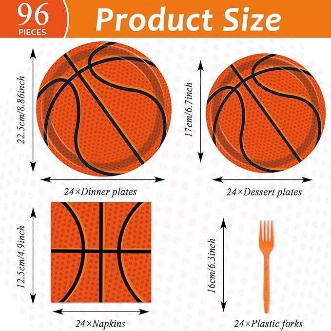 96Pieces Basketball Tableware Set Sport Party Disposable Plates Napkins Fork Basketball Birthday Party Decorations For Teenagers Kids Boys Baby Basketball Team Party Supplies Serves 24 Guests