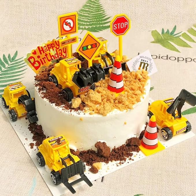 Construction Cake Topper Large Crane Excavator Traffic Road Sign Cake Toppers Construction Birthday Party Supplies Cake Decorating Supplies Kit Construction Toys Birthday Party Favors for Kids Boys